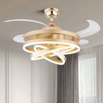 Invisible Golden Rings Ceiling Fan Chandelier with Remote – Retractable ABS Blades & 3-Color LED Light | Luxiono Lighting