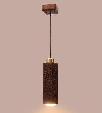 Luxiono Lighting Handmade Sheesham Wood Hanging/Ceiling/Pendant Light | Intricate Carving | 9W in-Built Warm White LED | Brass Rivets | Perfect for Bedroom, Kitchen, Dining Room, Hallway