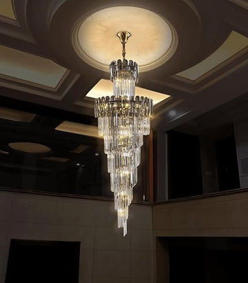 Halteres Double Height Long Crystal Chandelier – 8.5ft Tall Foyer & Staircase Light – Luxiono Lighting