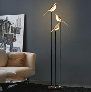 Luxiono Lighting Modern Bird Floor Lamp Set, 3 Golden Birds on Black Poles, Decorative Standing Light for Living Room, Bedside Light, Home Decoration, Hotel Pack of 1 - Led Bulb Included