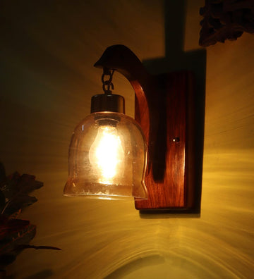 Luxiono Lighting Wood Wall Lamp with Unique Fish Design/Gold Plated Metal Cap, Brass Hook along with Luster Bell Glass with E27 Bulb Holder(Bulb not Included) for Bedroom, Living Room, Hallway or any Space of Your Choice