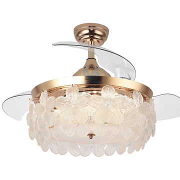 Floral Crystal Ceiling Fan Chandelier – Luxury Gold Retractable Blades with LED 3-Color Light & Remote Control | Luxiono Lighting