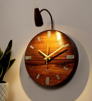 Luxiono Lighting Sheesham Wood Unique 12X12 Wall Clock With Spotlight/Focus Light Attachment Of 3W In-Built Warm White Led Ft. Rose Gold Plated Metal Spring-Analog