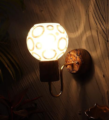 Luxiono Lighting Carved Mango Wood Wall Mounted Light/Wall Lamp with Printed Glass, Gold Plated Accents and E27 Bulb Holder(Bulb not Included) for Living Room/Bedroom/Hallway/Enhancing Home Decor
