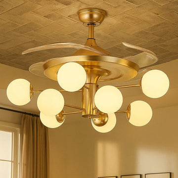 0 Light Frost Glass Ceiling Fan Chandelier 42 Inch Gold Retractable Light LED 3 Color Setting Control with Remote - Warm White