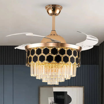 Luxiono Lighting 42 Inchs Contemporary Chic Crystal Ceiling Fan Chandelier With Remote Control Retractable Blades - Trio Light Color(Inbuilt LED)