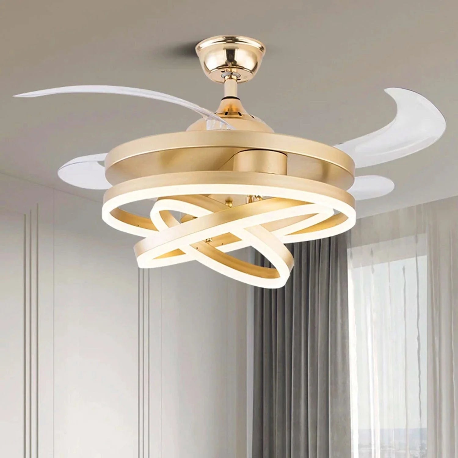 Invisible Golden Rings Ceiling Fan Chandelier with Remote – Retractable ABS Blades & 3-Color LED Light | Luxiono Lighting