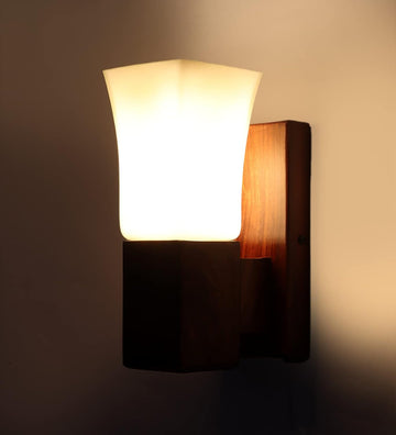 Luxiono Lighting Sheesham Wood Wall Light Lamp | White Square Glass with E27 Bulb Holder(Bulb not Included) | Perfect Diwali Home Decor Lighting for Bedroom, Living Room, Dining Room, Hallway