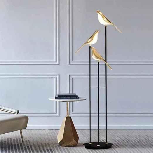 Luxiono Lighting  Modern Bird Floor Lamp Set, 3 Golden Birds on Black Poles, Decorative Standing Light for Living Room, Bedside Light, Home Decoration, Hotel Pack of 1 - Led Bulb Included