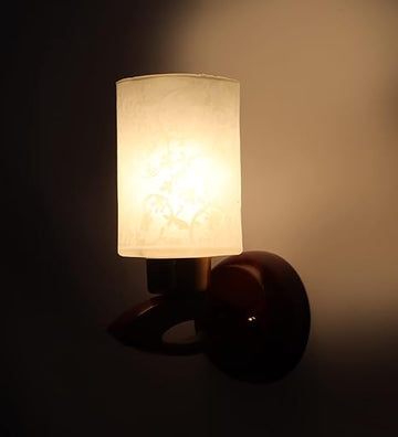 Luxiono Lighting Wood Wall Light/E 27 Bulb Holder/Gold Plated Metal Cap/Brass Rivets/Designer White Printed Square Glass/Antique/Home/Office Decor
