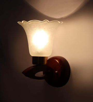Luxiono Lighting  Wood Wall Light/E 27 Bulb Holder/Gold Plated Metal Cap/Brass Rivets/Floral Designer Glass/Antique/Home/Office Decor