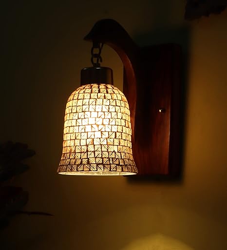 Luxiono Lighting Handmade Sheesha Wood Wall Light Lamp | Stylish Fish Design | Handmade Chip Glass |E27 Bulb Holder(Bulb not Included) | Diwali Decor | Bedroom, Living Room, Hallway, Dining Room