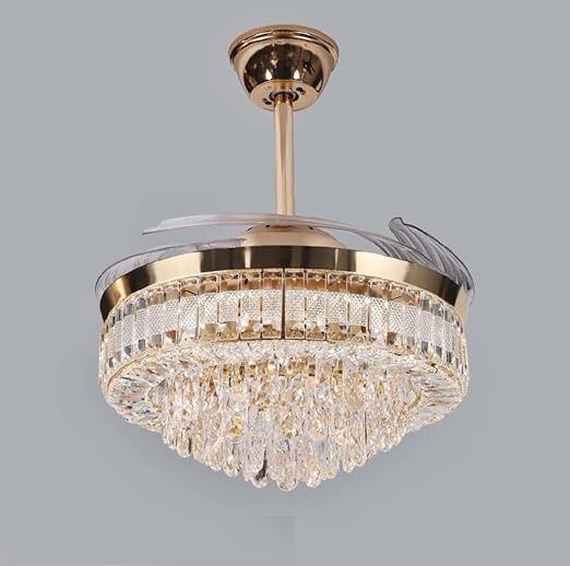 Luxiono Lighting 42" Golden Crystal Ceiling Fan Chandelier with Remote – Retractable Blades & Tricolor LED (T8335)