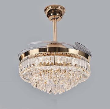 Luxiono Lighting 42" Golden Crystal Ceiling Fan Chandelier with Remote – Retractable Blades & Tricolor LED (T8335)