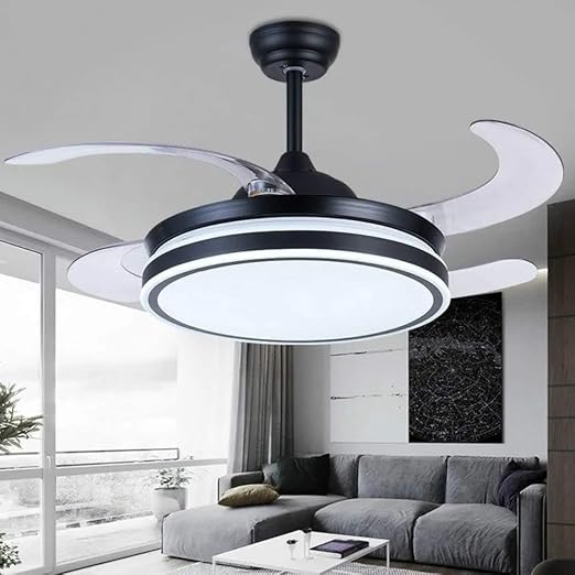 Luxiono Lighting Black 42" Chandelier Fan with 4 Transparent Retractable ABS Fan Blades Ceiling Fan Light with Remote Control 6 Speed Function - Tricolour Dimmable |White, Warm White, Natural White| (Black)