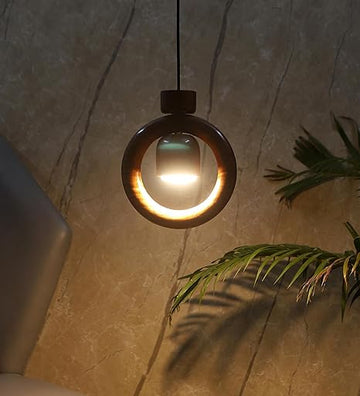 Luxiono Lighting  Sheesham Wood Hanging Pendant Ceiling Jhumar | Diwali Decor Chandelier | 9W Warm White LE D | Unique Ring Design | Living Room, Bedroom, Dining, Hall, Office | Aesthetic Luxury