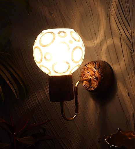 Luxiono Lighting Carved Mango Wood Wall Mounted Light/Wall Lamp with Printed Glass, Gold Plated Accents and E27 Bulb Holder(Bulb not Included) for Living Room/Bedroom/Hallway/Enhancing Home Decor