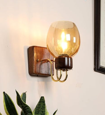 Luxiono Lighting Sheesham Wood Wall Light/Wall Lamp | Luster Glass | E27 Bulb Holder(Bulb not Included) | Gold Plated Accents | for Bedroom, Living Room, Study Room, Dining Room, Hallway