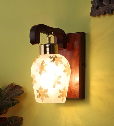 Luxiono Lighting  Sheesham Wood Wall Light/E 27 Bulb Base/U-Downlight Design/Gold Plated Metal Cap/Gold Leaf Printed Glass/Antique/Home/Office Decor