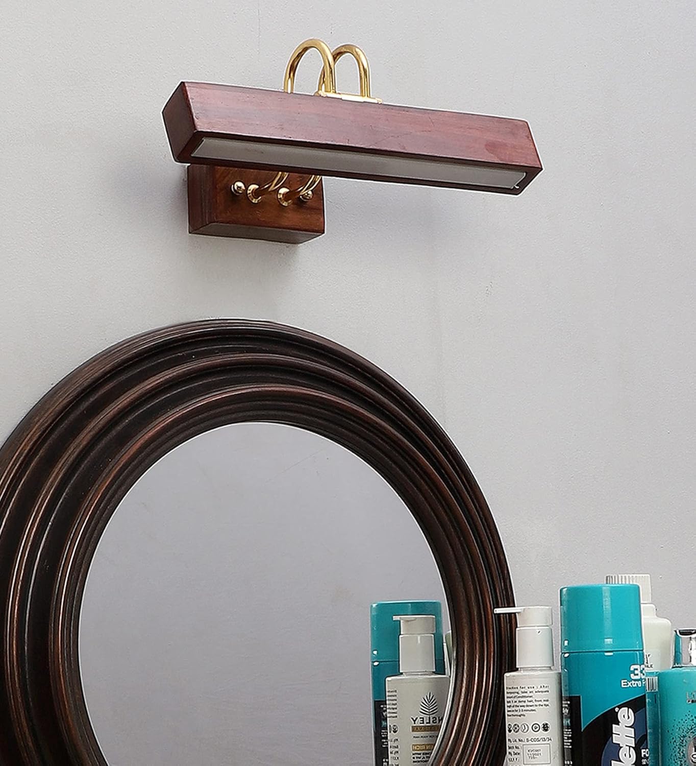 Luxiono Lighting  Sheesham Wood Wall Light/Picture Light/Vanity Light for Mirror, Dressing Table with Adjustable Head, 1 Feet Wide with 9W in-built Warm White LED/Brass Rivets