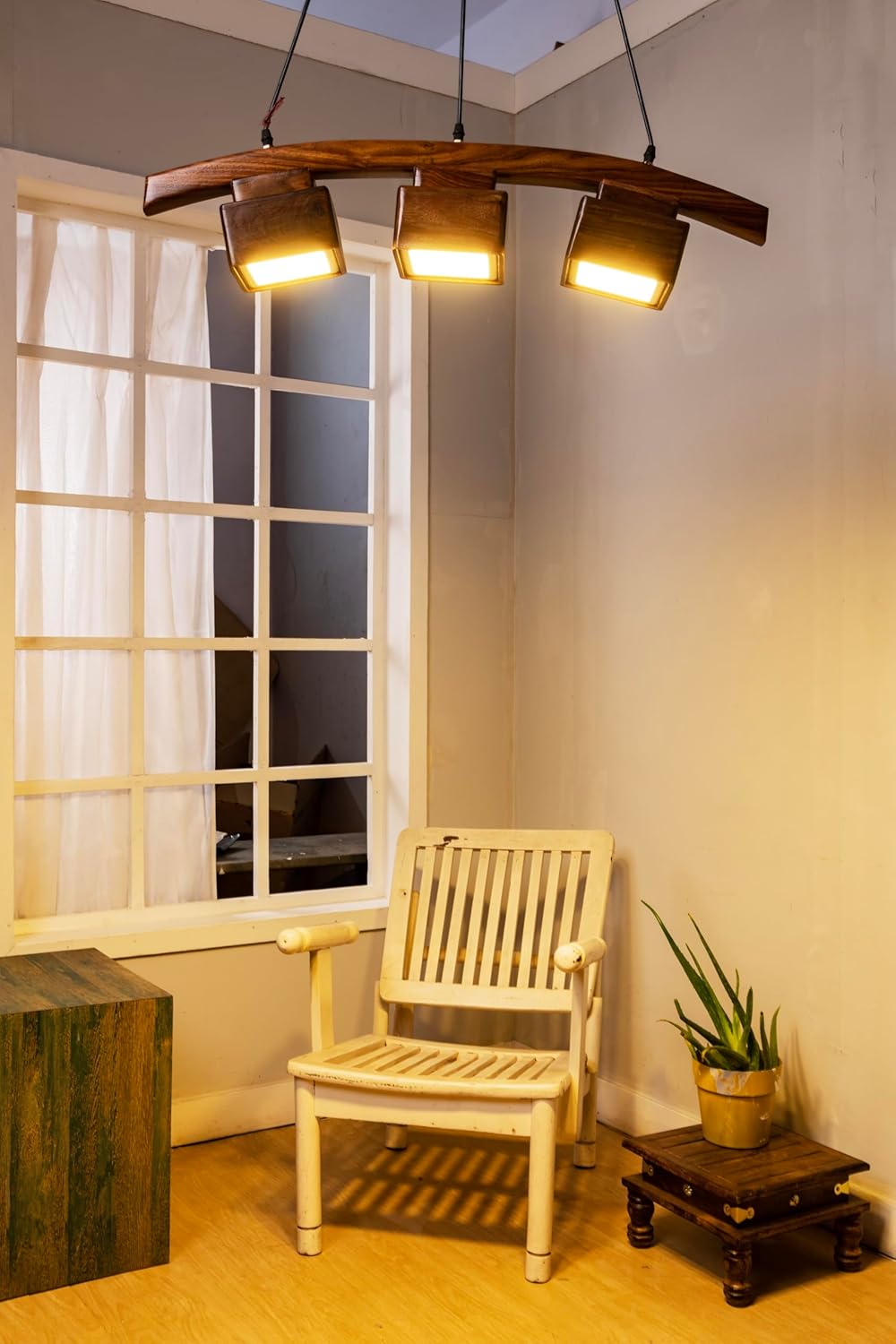 Luxiono Lighting Sheesham Wood Hanging Pendant Ceiling Light | Jhumar Chandelier Home Decor Fancy Lighting | 3 LEDs of 8W Each | Luxurious | Living Room, Bedroom, Dining, Kitchen