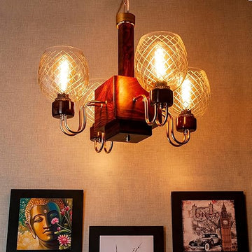 Luxiono Lighting  Sheesham Wood Hanging Ceiling Chandelier | 4- Light Jhumar | Living Room, Bedroom, Dining Room, Hall | Modern Aesthetic | Diamond Cut Glass | E27 Base(Bulb not Included)