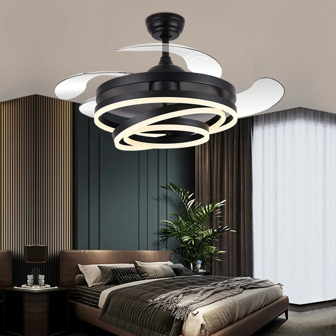 Invisible Golden Rings Ceiling Fan Chandelier with Remote – Retractable ABS Blades & 3-Color LED Light | Luxiono Lighting
