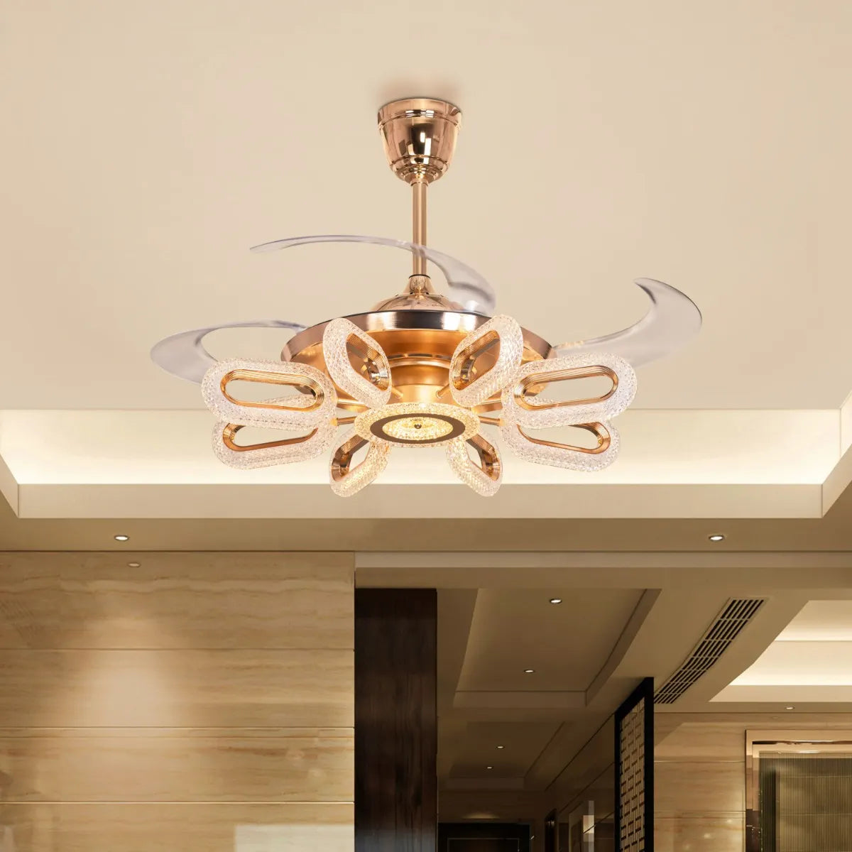 42-Inch Golden Crystal Wormhole Ceiling Fan Chandelier with Remote – Retractable Blades & Trio Light LED | Luxiono Lighting