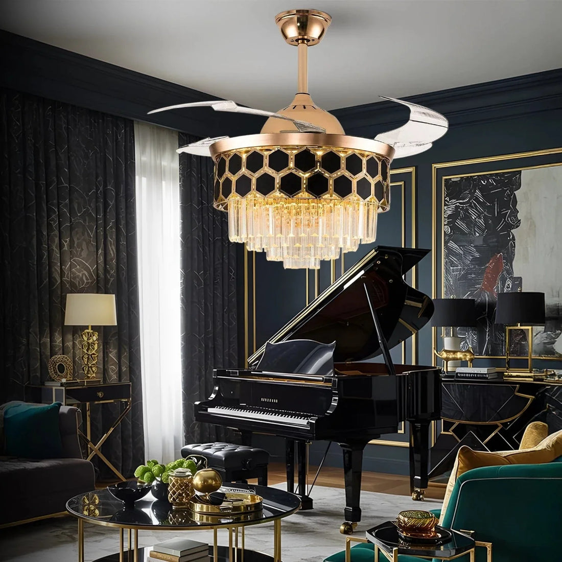 Luxiono Lighting 42 Inchs Contemporary Chic Crystal Ceiling Fan Chandelier With Remote Control Retractable Blades - Trio Light Color(Inbuilt LED)