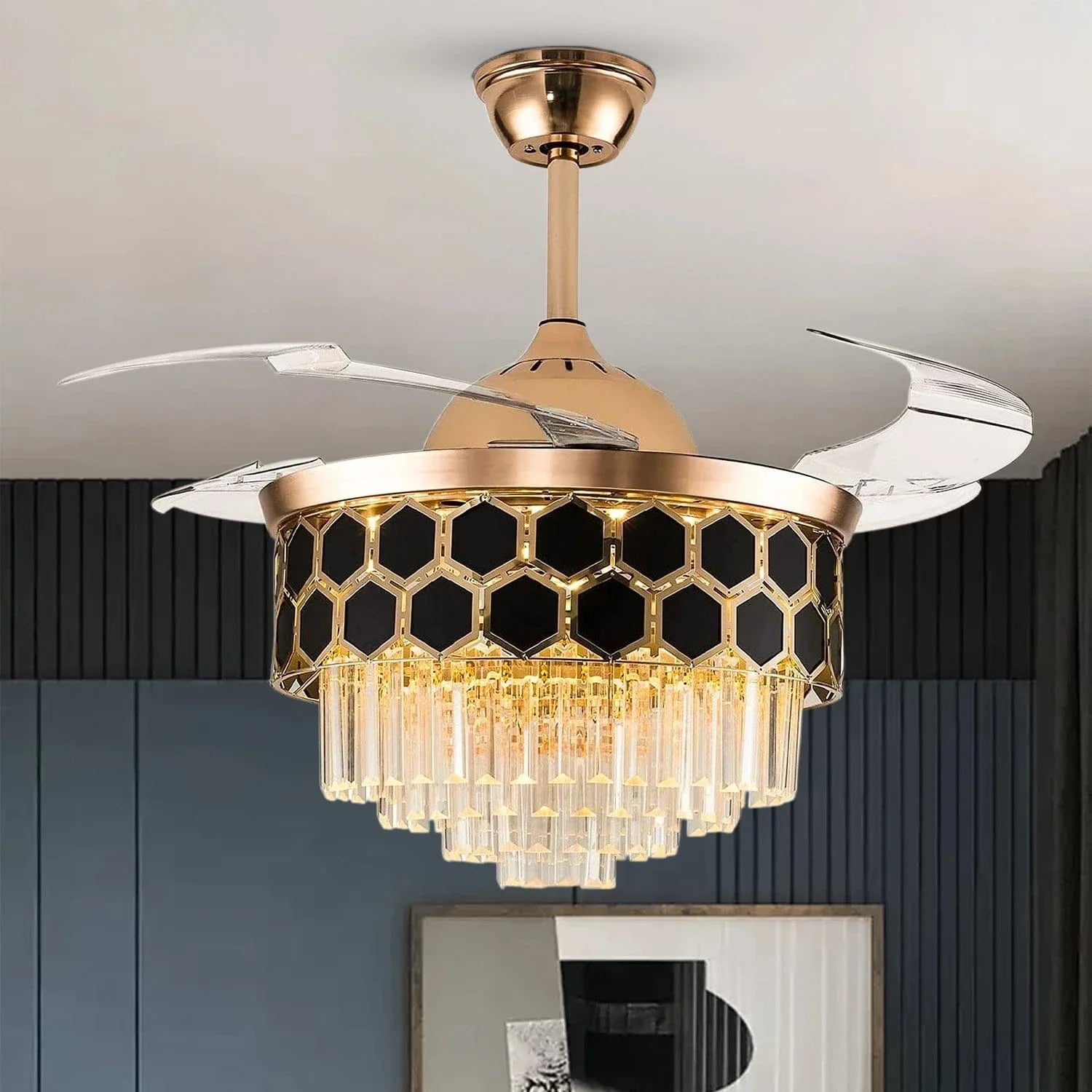 Luxiono Lighting 42 Inchs Contemporary Chic Crystal Ceiling Fan Chandelier With Remote Control Retractable Blades - Trio Light Color(Inbuilt LED)
