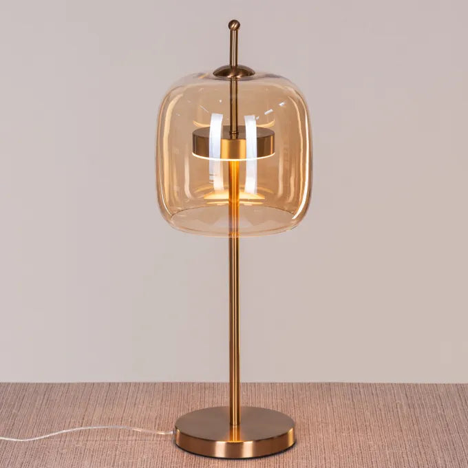 Sweet Escape Glass Table Lamp – Built-In LED Warm White Light with Amber & Grey Cognac Glass Shade & Gold Base for Home & Office | Luxiono Lighting